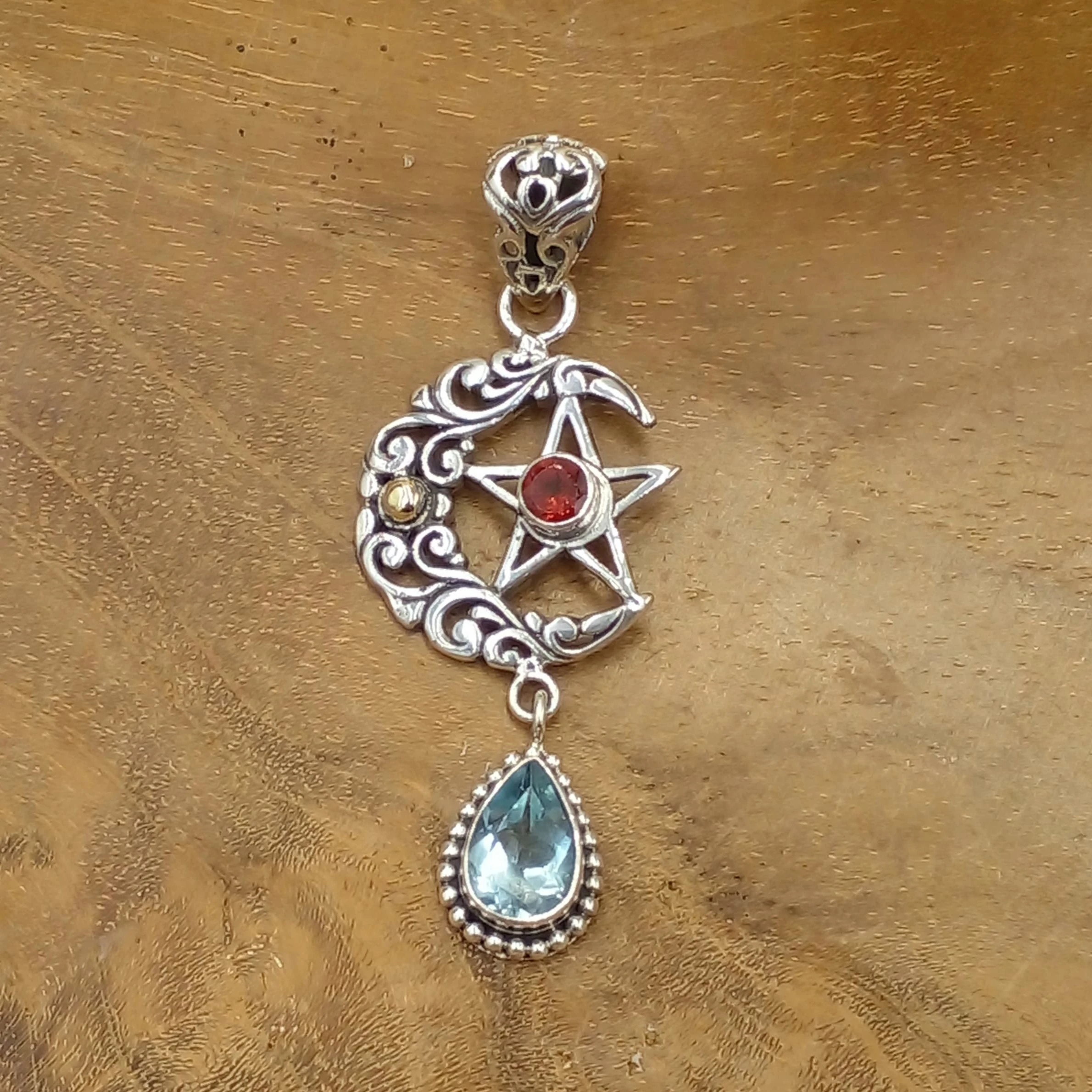 Celestial Moon & Star Silver Pendant with Stone P888BC-W290