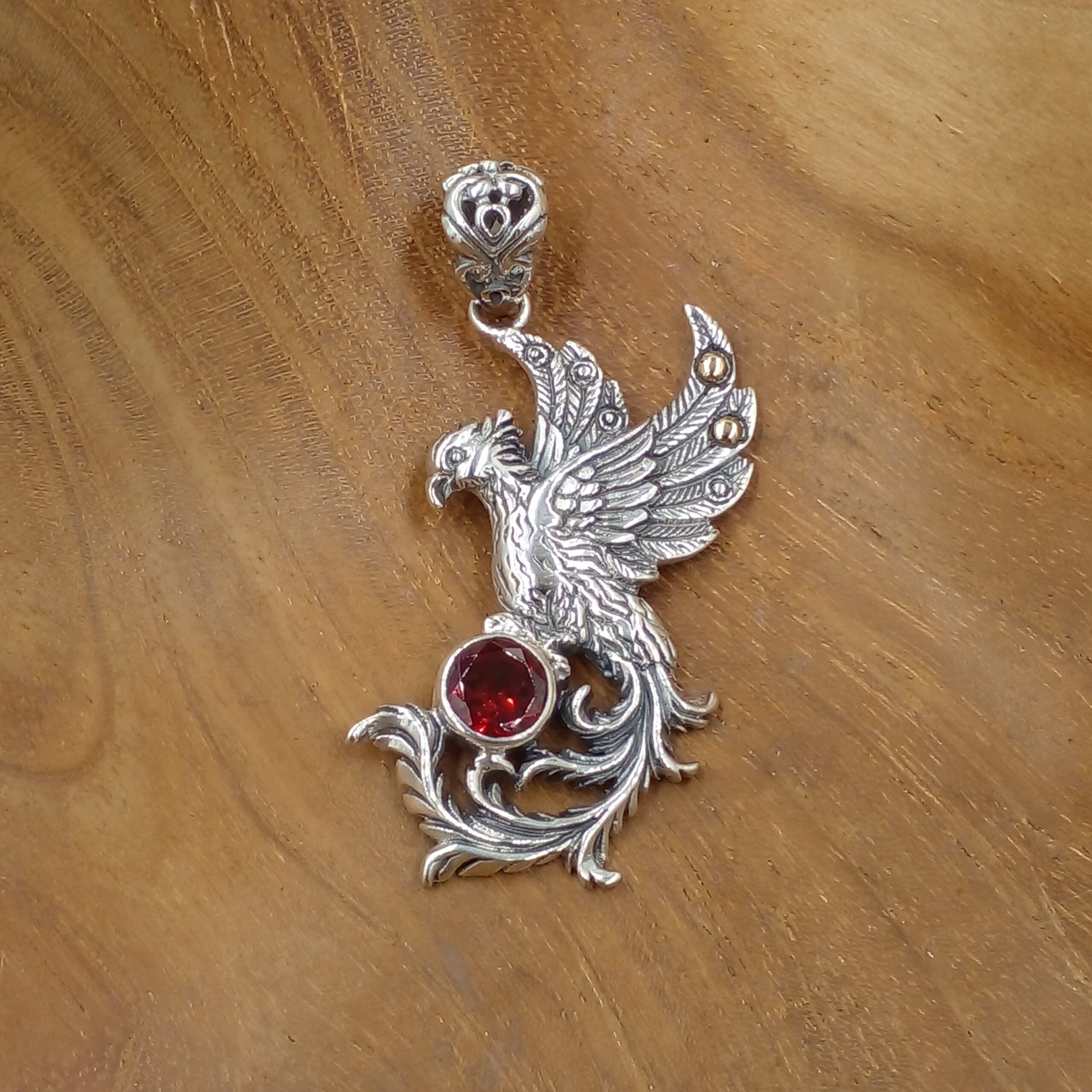 925 Silver Rising Phoenix Red Garnet Pendant P893GRTW369