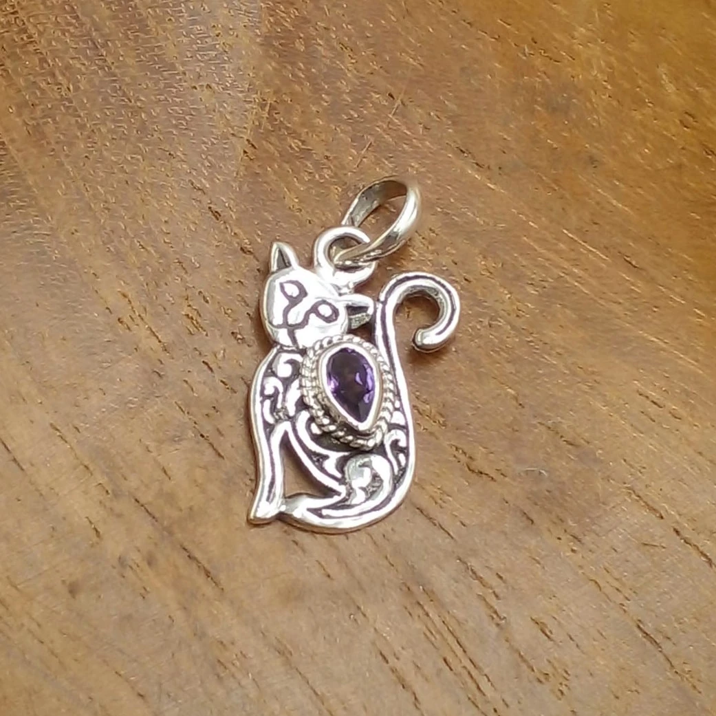 925 Silver Amethyst Cat Pendant P896AMYW105