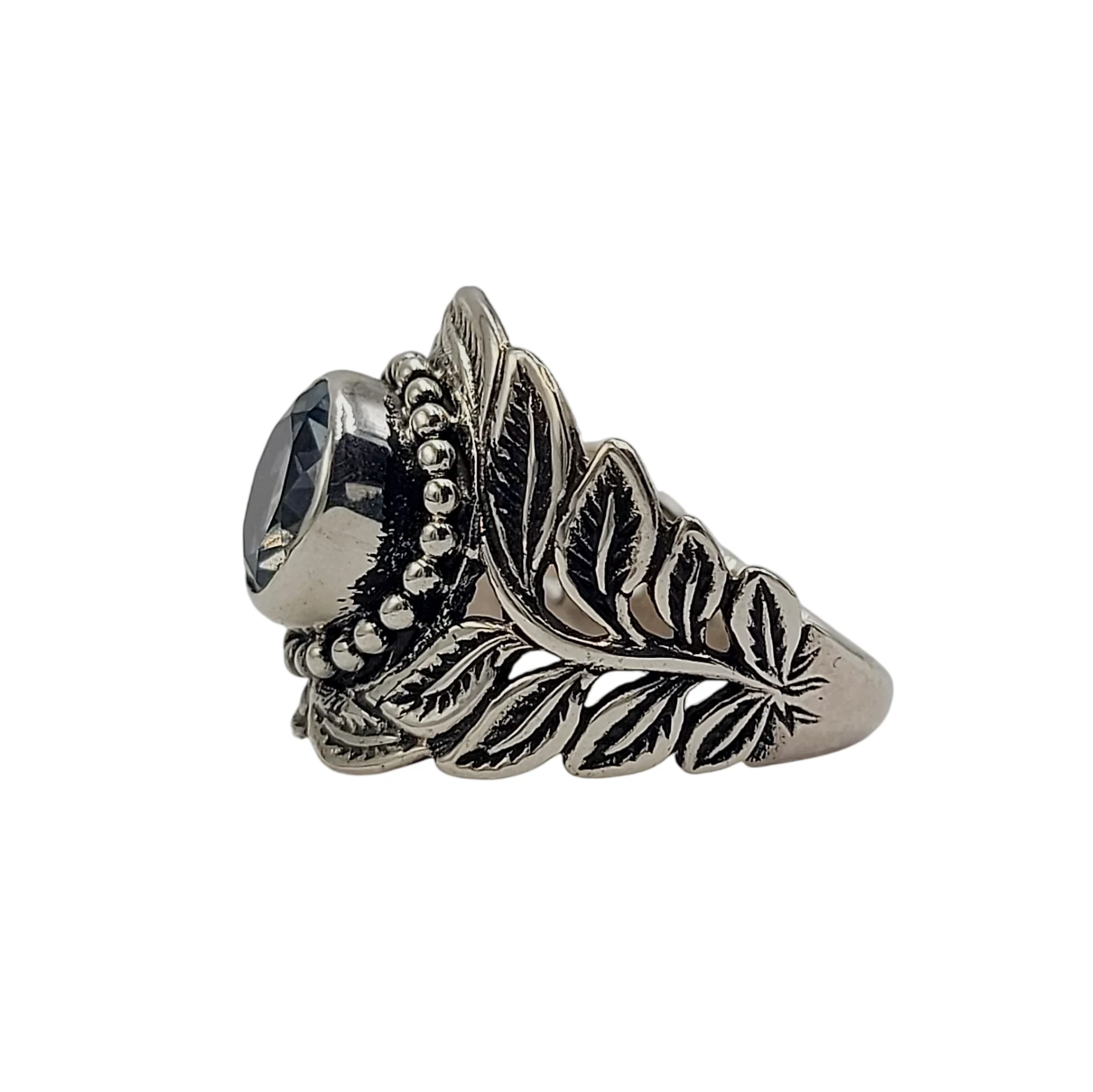 Sterling Silver 925 Blue Stone Ring with Balinese Leaf Carving R770BTZW323