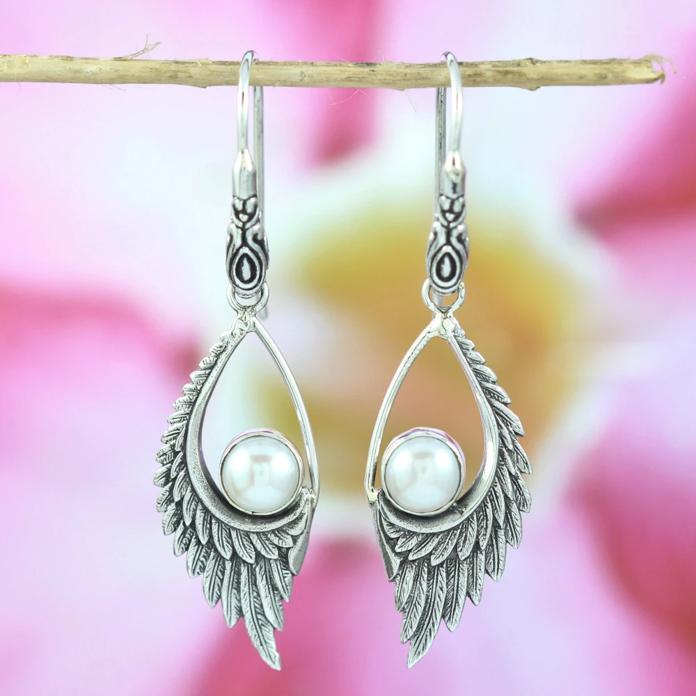 Balinese Angel Wing Pearl Drop 925 Silver Earrings E1439W342