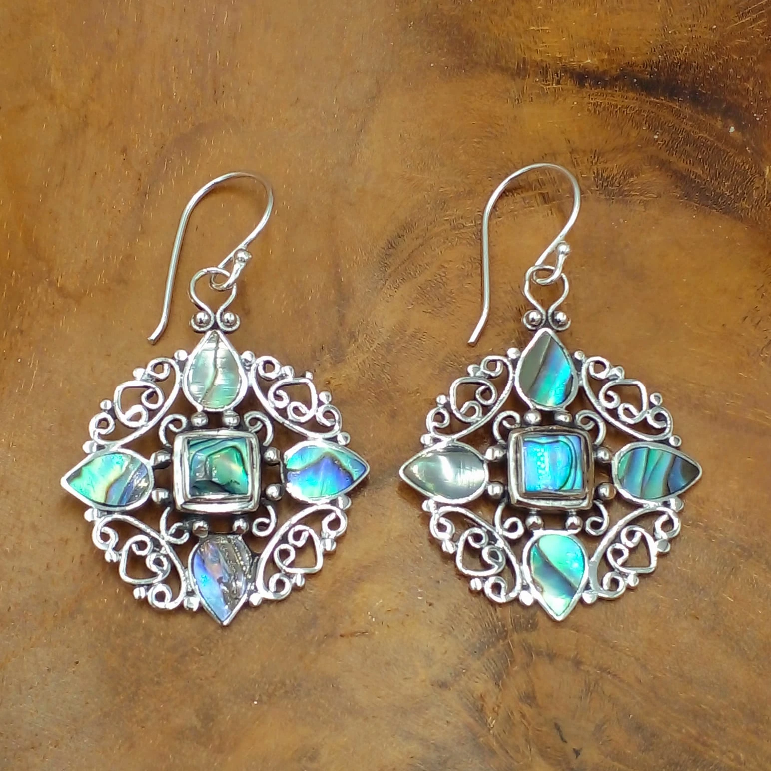 925 Bali Silver Dangle Earrings with Abalone Shell and Mandala Design E1631ABLW406
