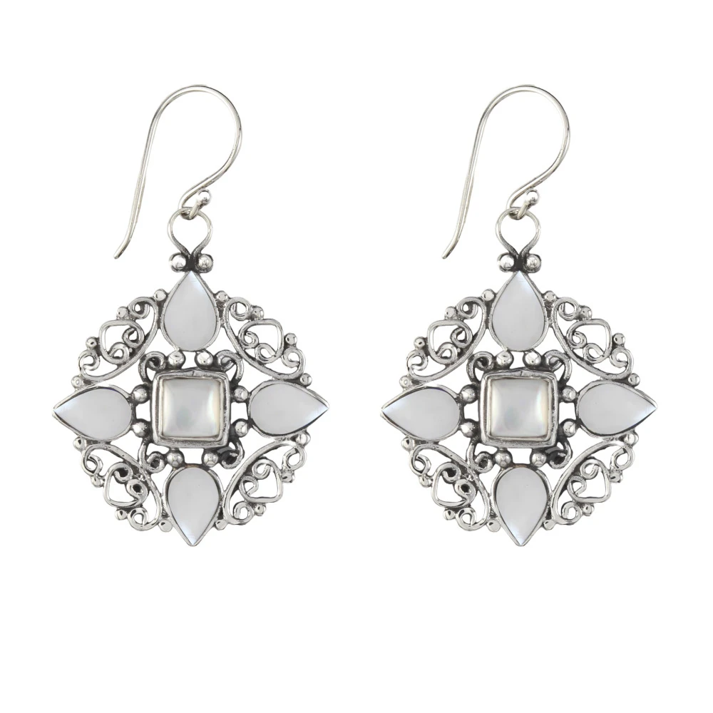 925 Bali Silver Dangle Earrings with Abalone Shell and Mandala Design E1631ABLW406