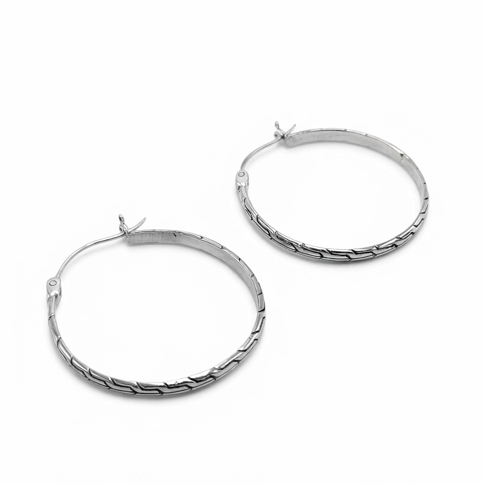 Classic Chain Braided Engraved Silver Hoop Earrings E1874W323