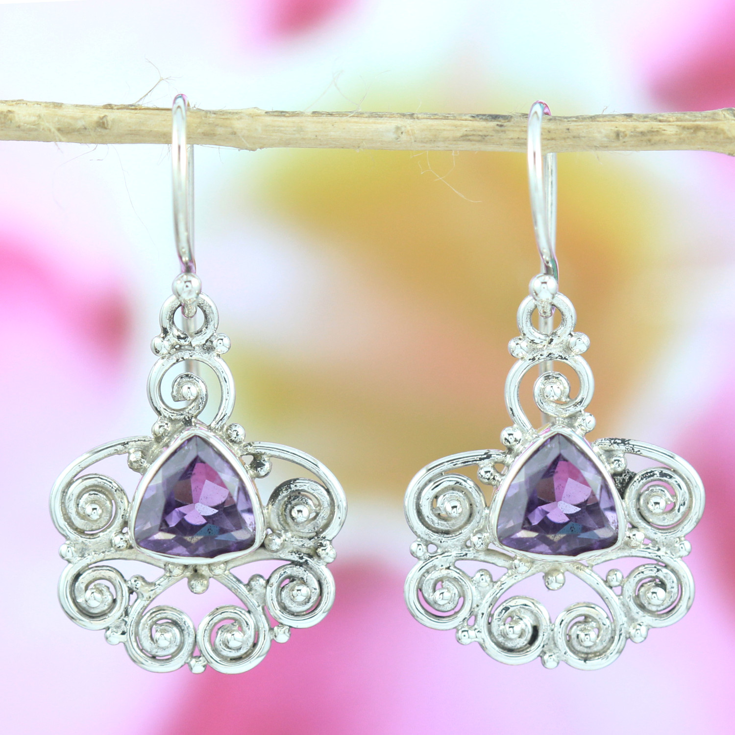 Carved Silver Drop Earrings with Triangular Amethyst E372AMYW280