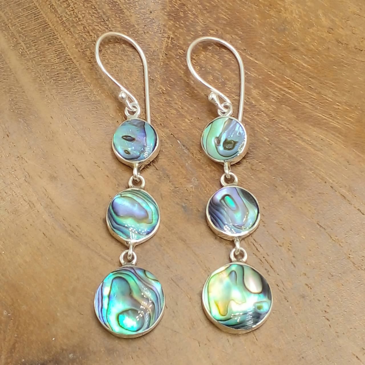 Natural Abalone Shell 3-Tier Round Silver Drop Earrings E1965ABLW150