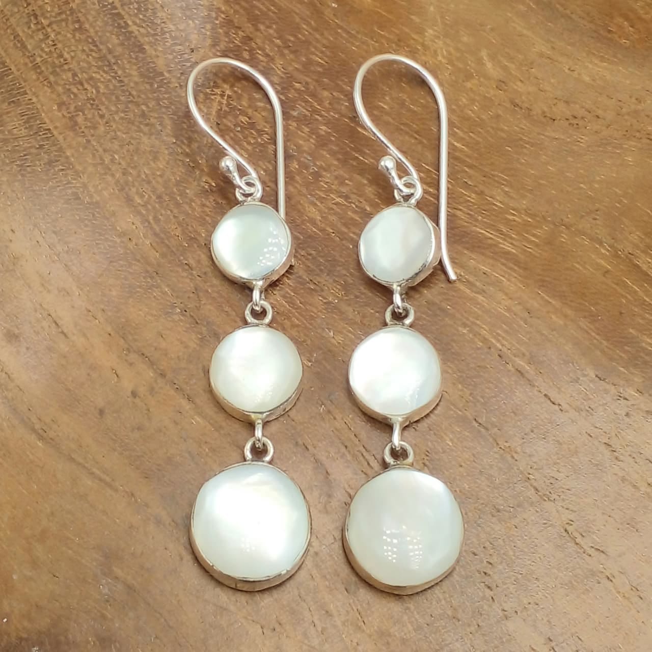 Natural Abalone Shell 3-Tier Round Silver Drop Earrings E1965ABLW150