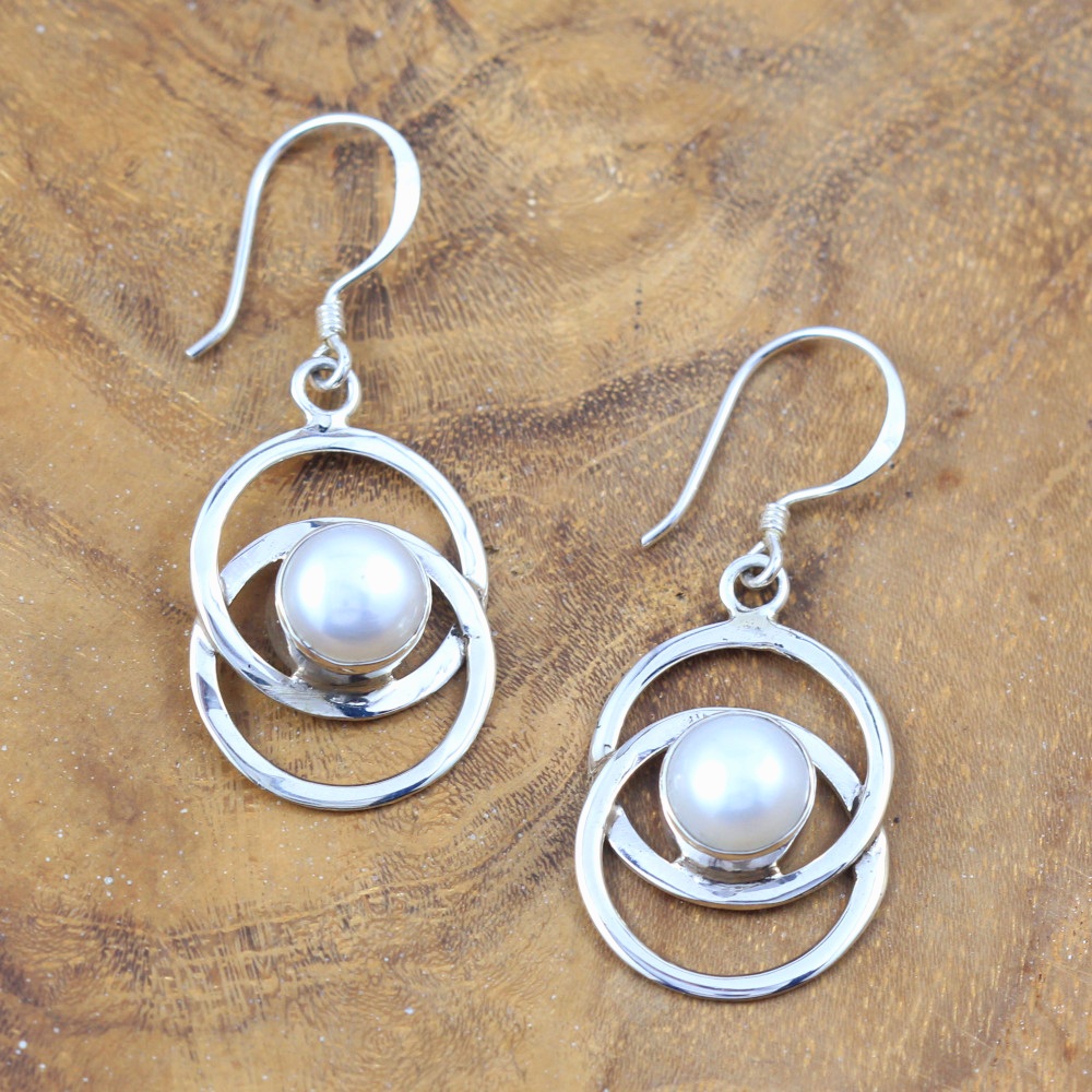 Elegant Double-Circle Silver Drop Earrings with White Pearls E213W250