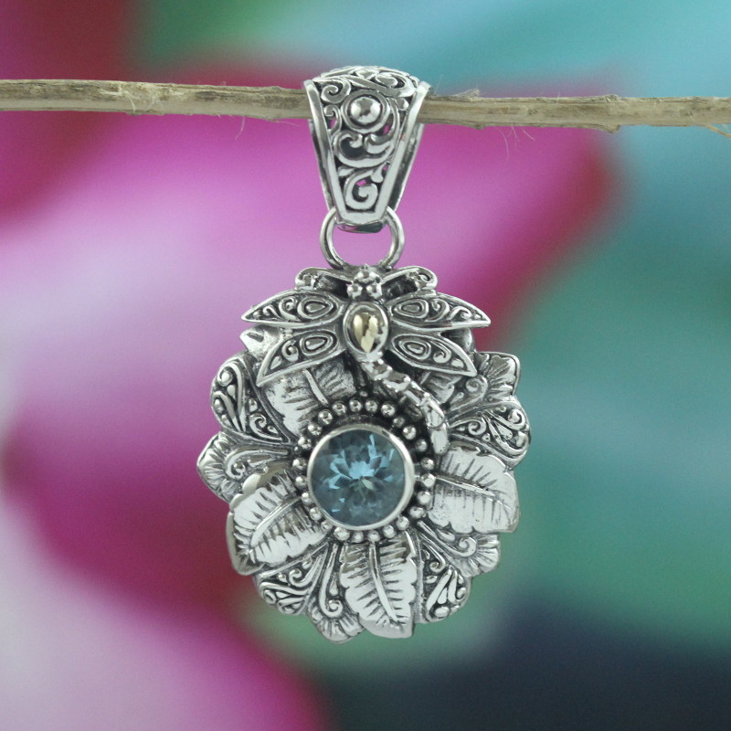 925 Sterling Silver Pendant with Floral and Dragonfly Carving and Stone P628BTZW609