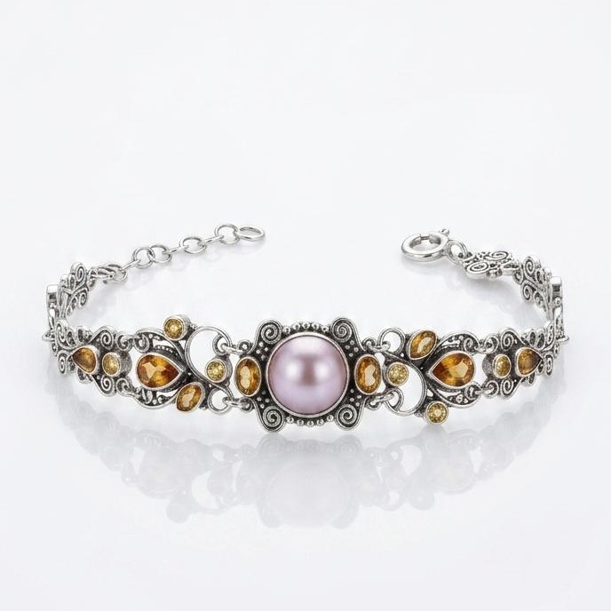 Ethnic Silver Bracelet with Pink Mabe Pearl & Citrine Gemstone B001MPNW1246