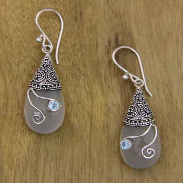 Ethnic Silver Drop Earrings with Moonstone & Blue Topaz E001W300