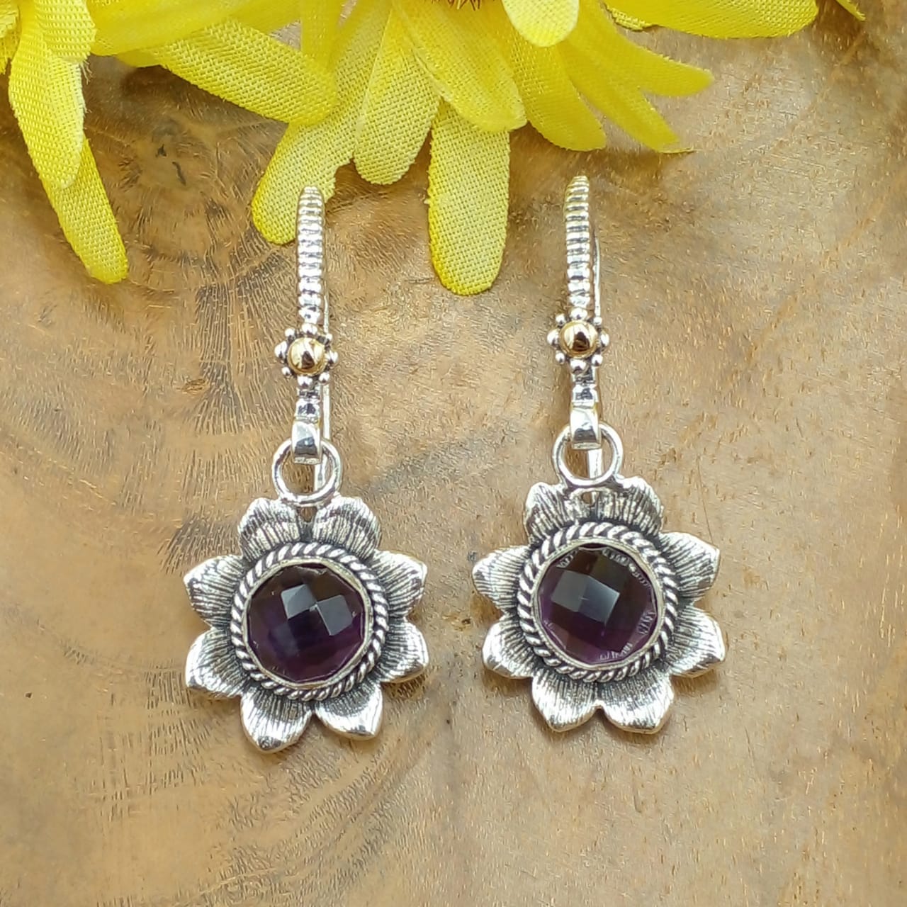 Floral Sterling Silver Drop Earrings with Onyx Gems E1713AMYW517