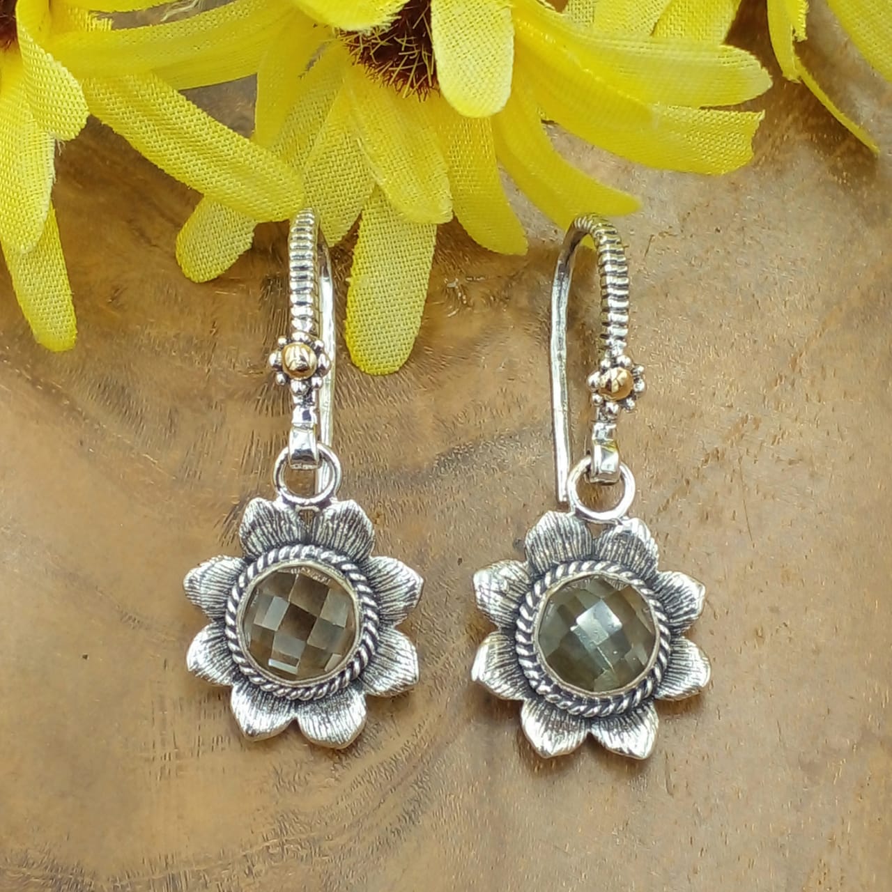 Floral Sterling Silver Drop Earrings with Onyx Gems E1713AMYW517
