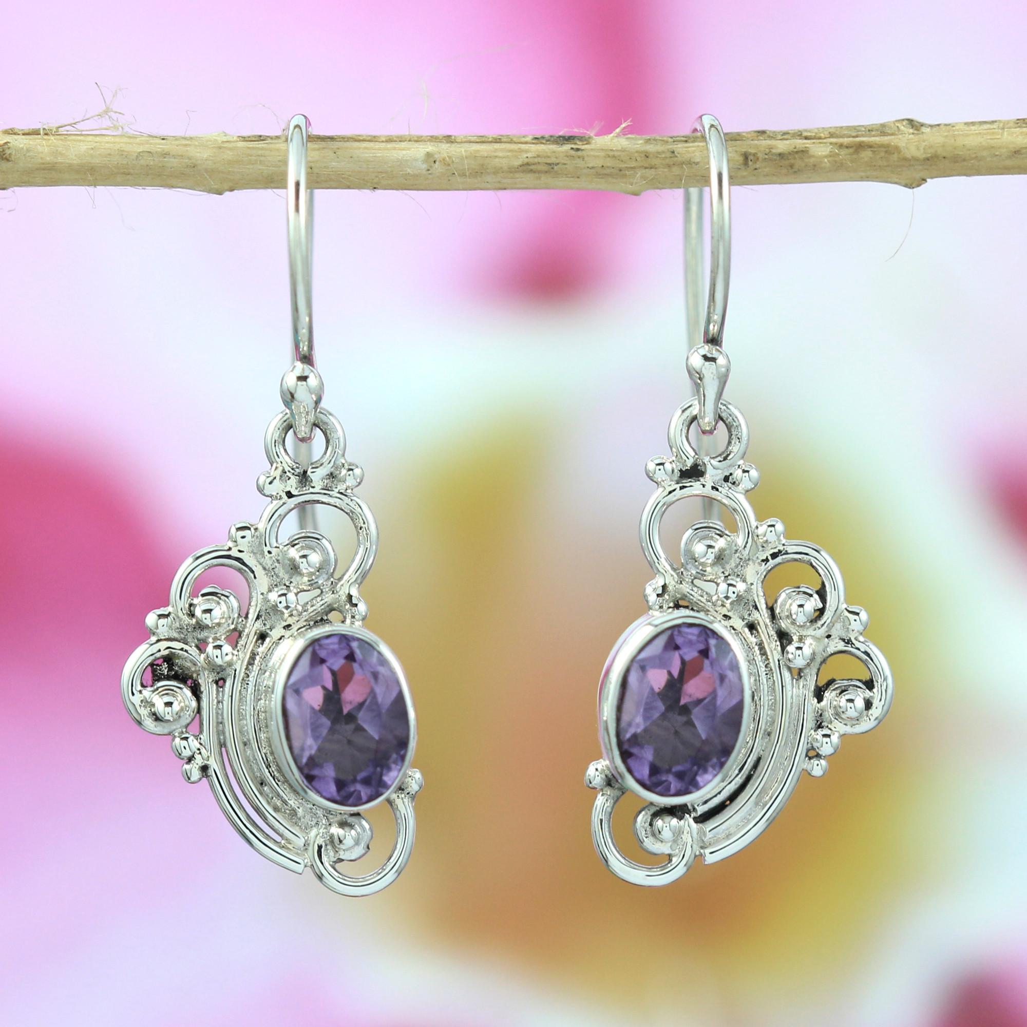 Balinese Silver Filigree Dangle Earrings with Gemstones E222AMYW210
