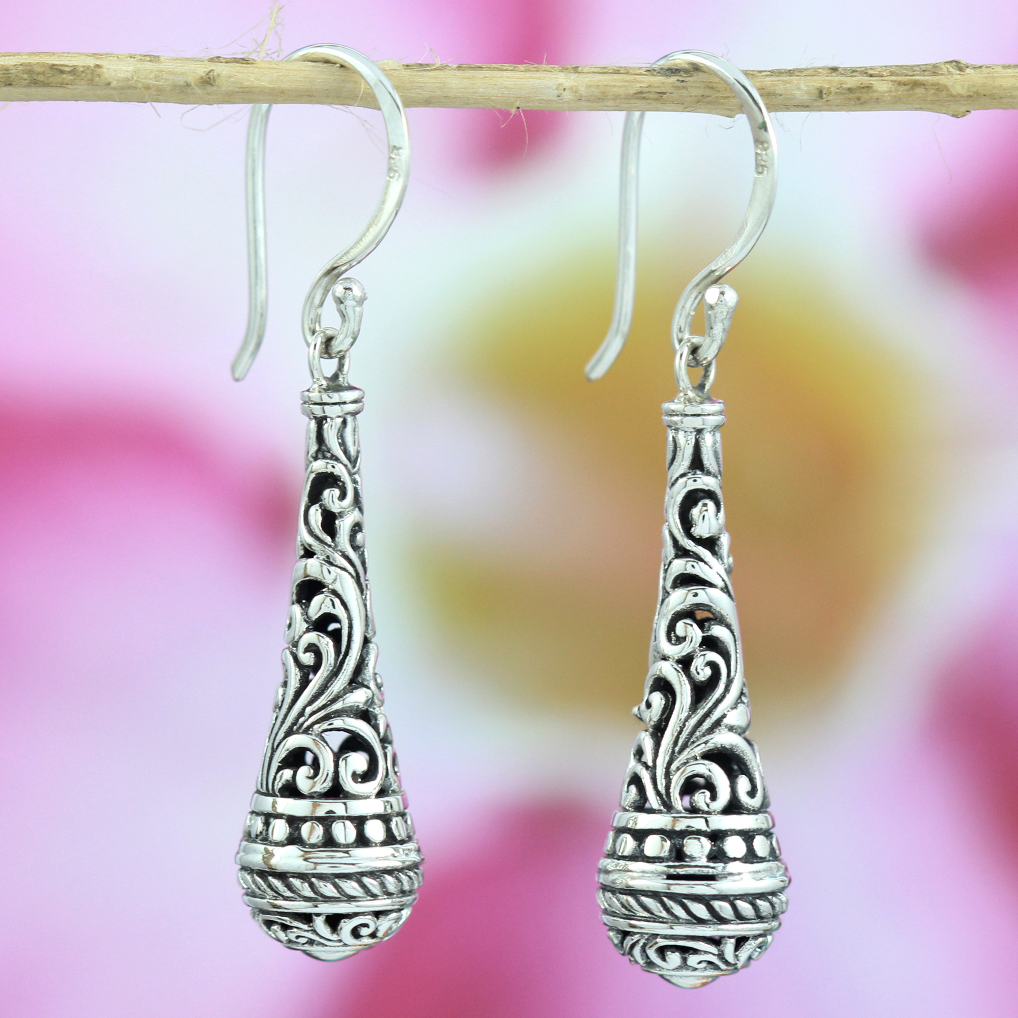 Balinese 925 Silver Ethnic Conical Filigree Dangle Earrings E403W308