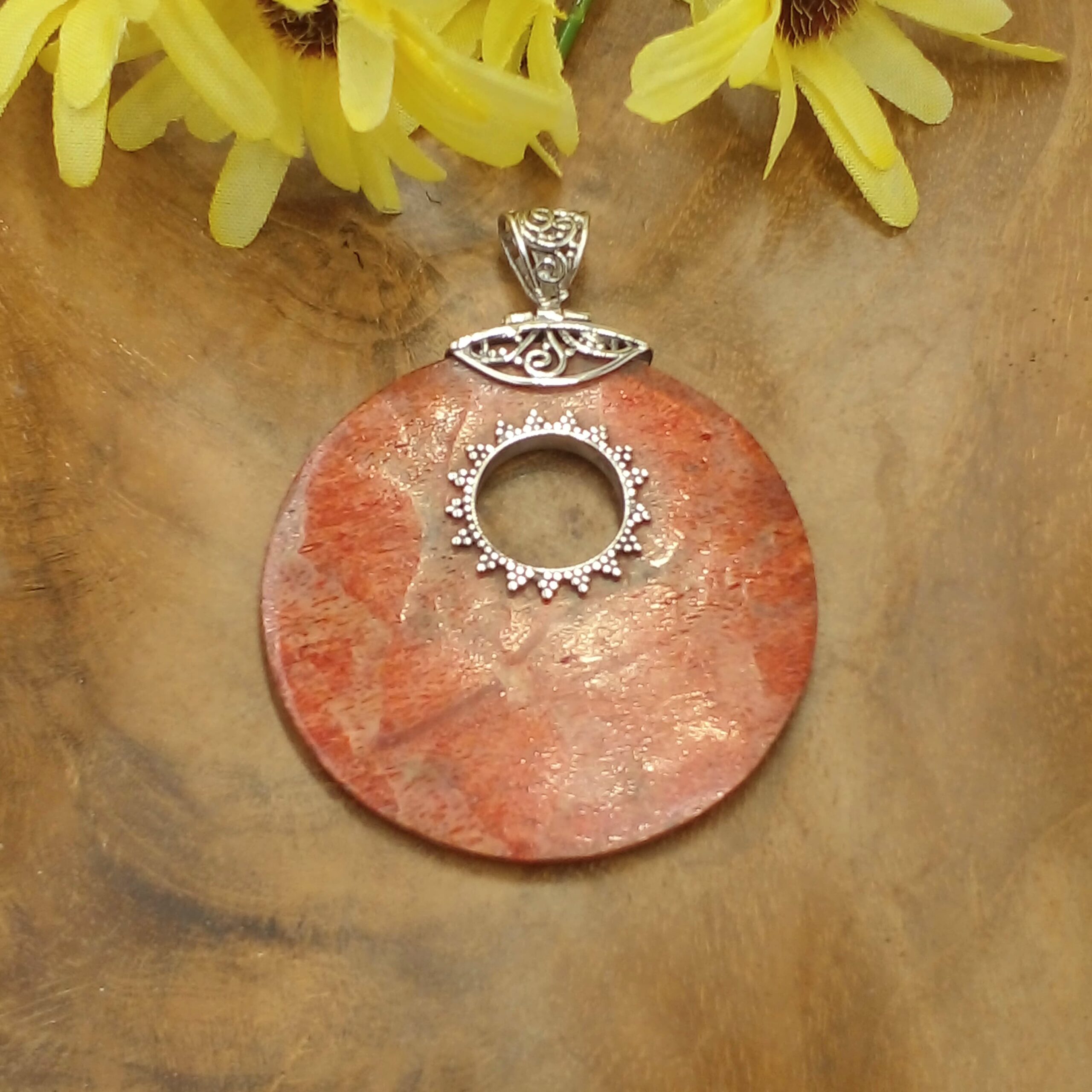 Round 925 Silver Red Sponge Coral Pendant L480CRLW260