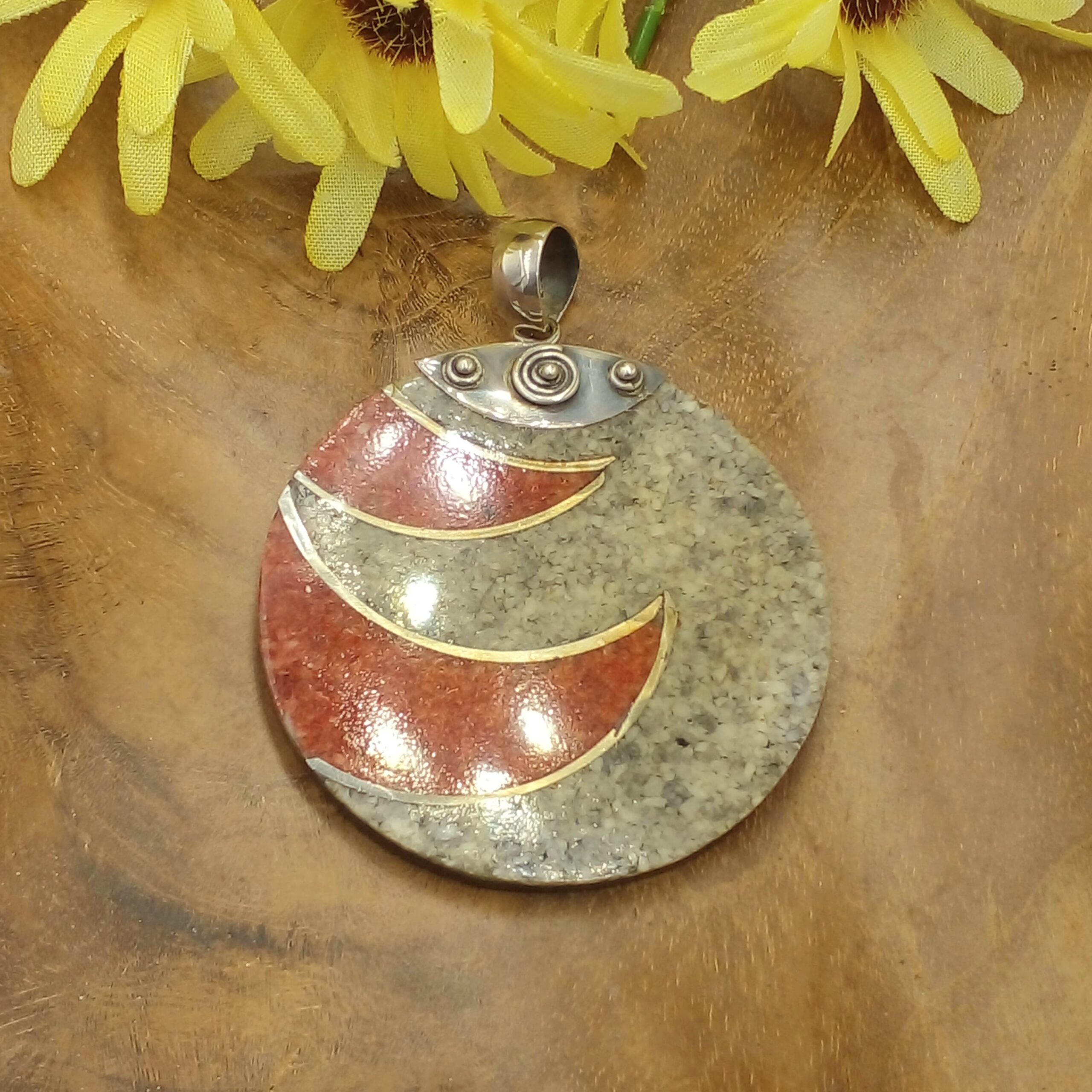 Round Ethnic Pendant Combining Red and Gray Stones with Silver Accents L487W230