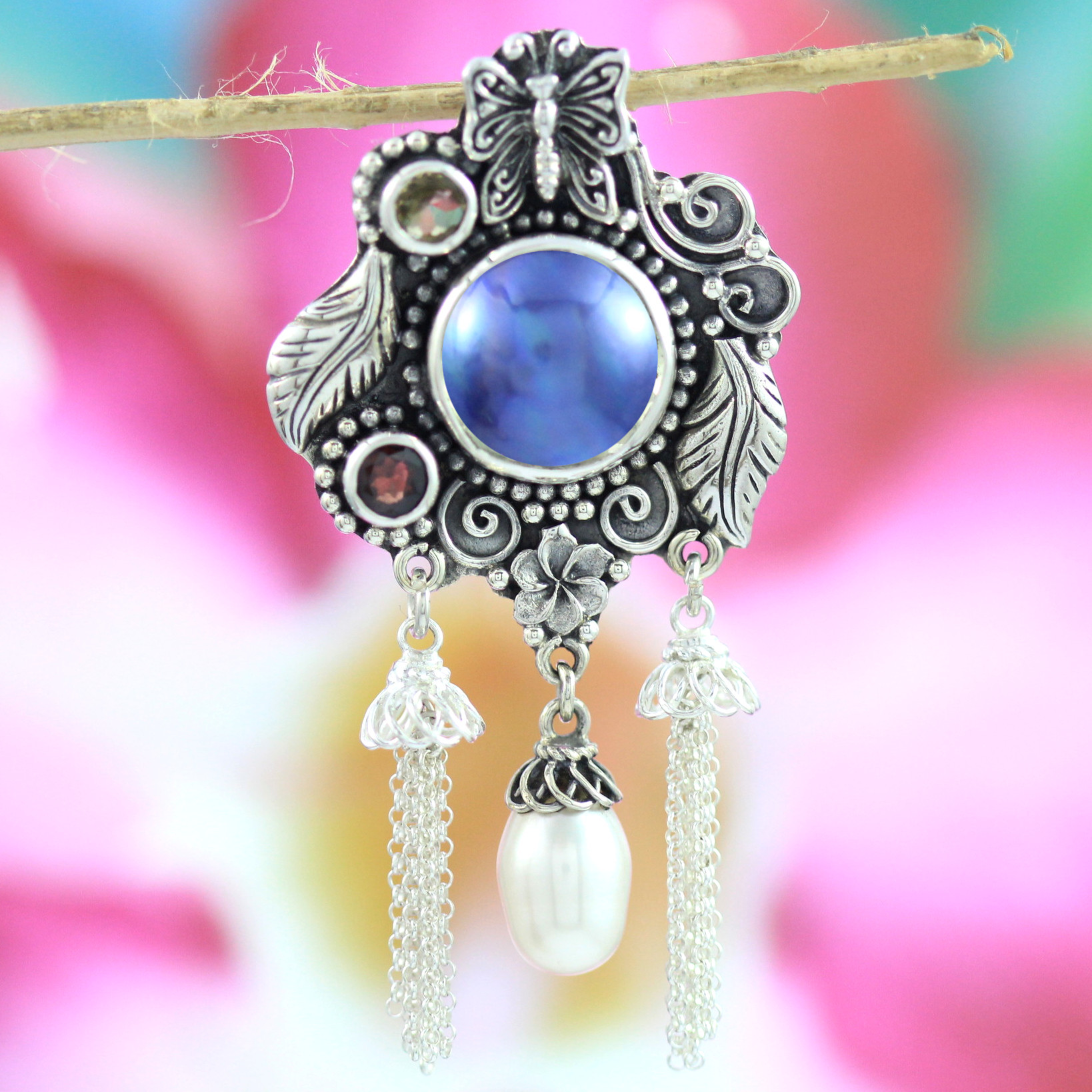 Balinese-Style 925 Silver Multi-Gemstone & Pearl Tassel Pendant P661MBLW572