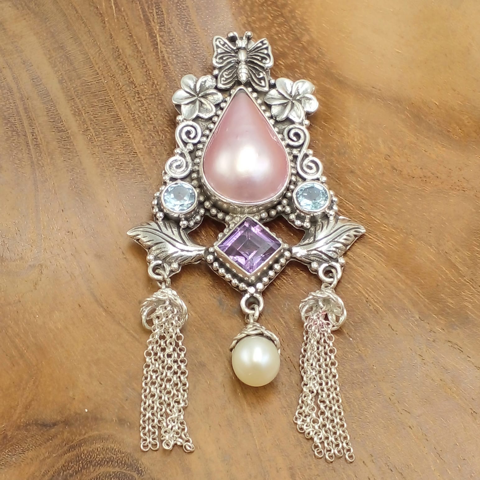 Balinese-Style 925 Silver Multi-Gemstone & Pearl Tassel Pendant P663MPNW738