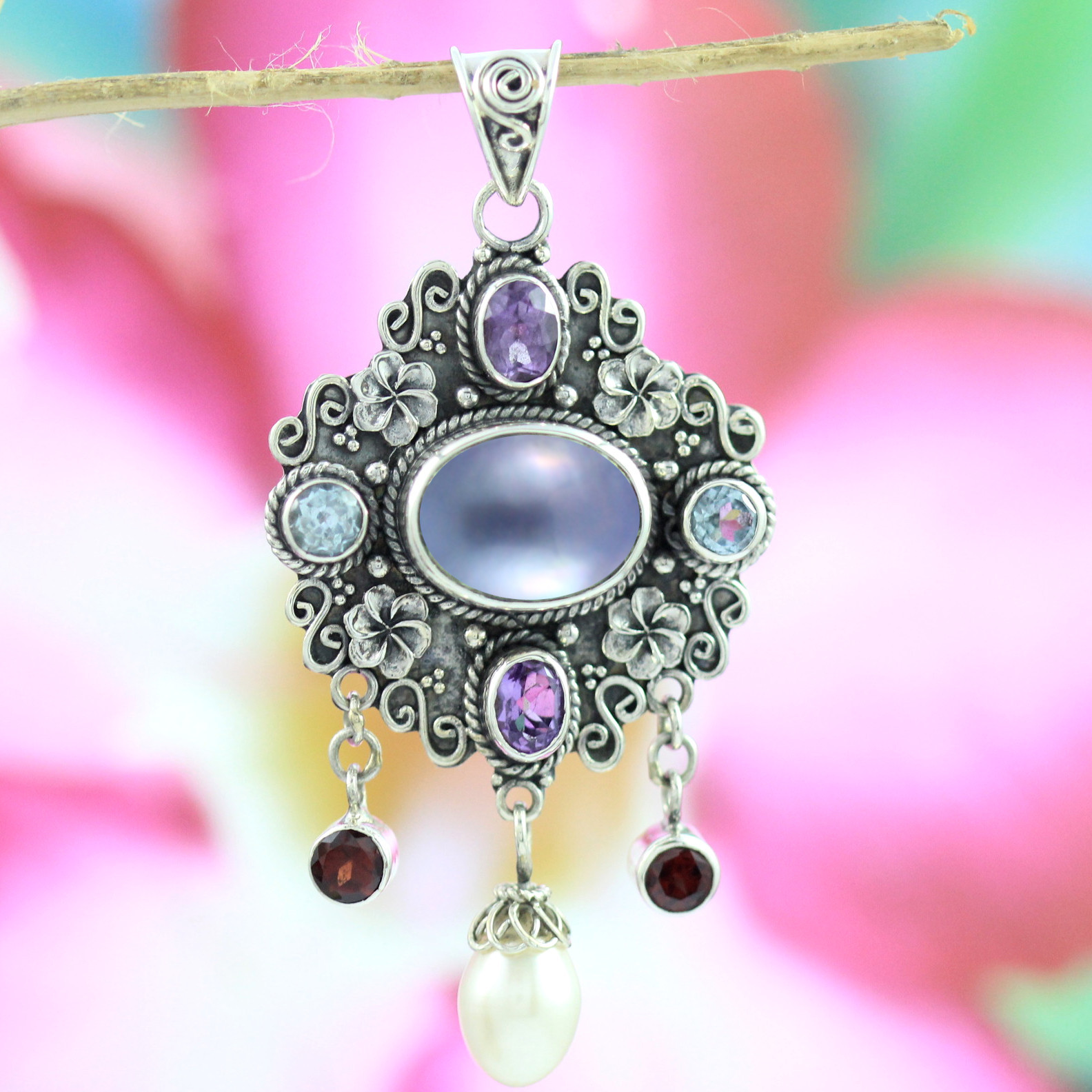 Blue Mabe Pearl & Multi-Gemstone Silver Pendant P664MBLW702