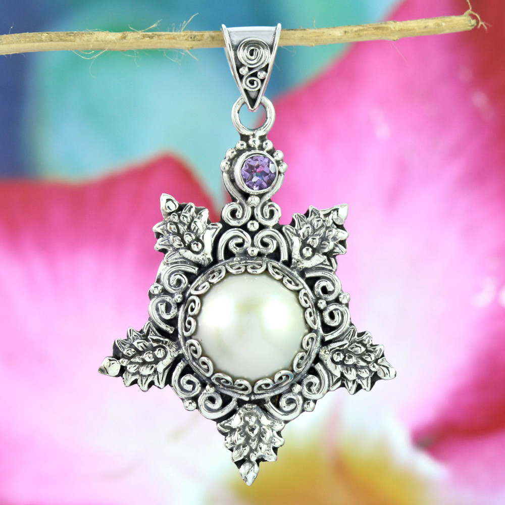 Balinese Silver "Star" Pendant with Pearl and Amethyst P672MWTW600