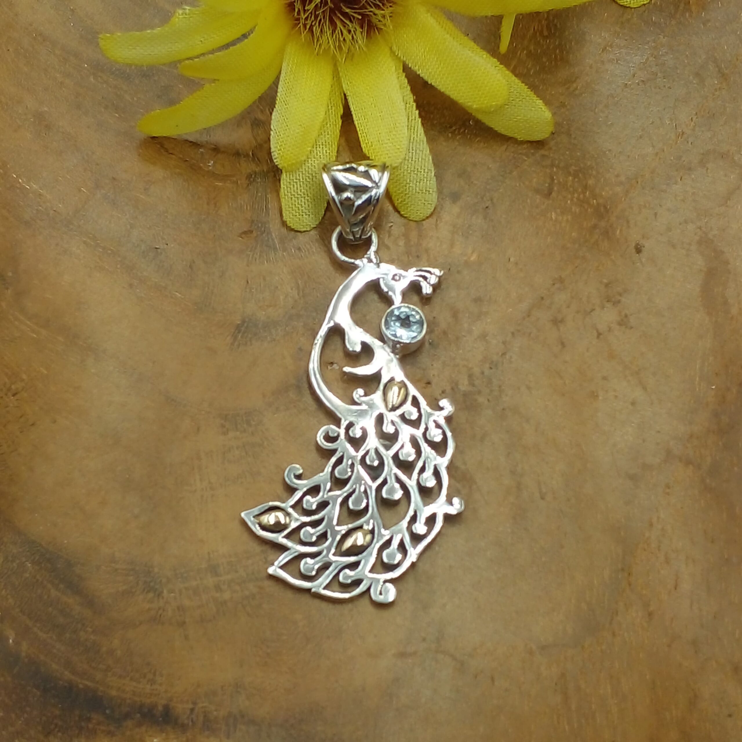 Carved Silver Peacock Pendant with Gemstone and Gold P881BTZW315