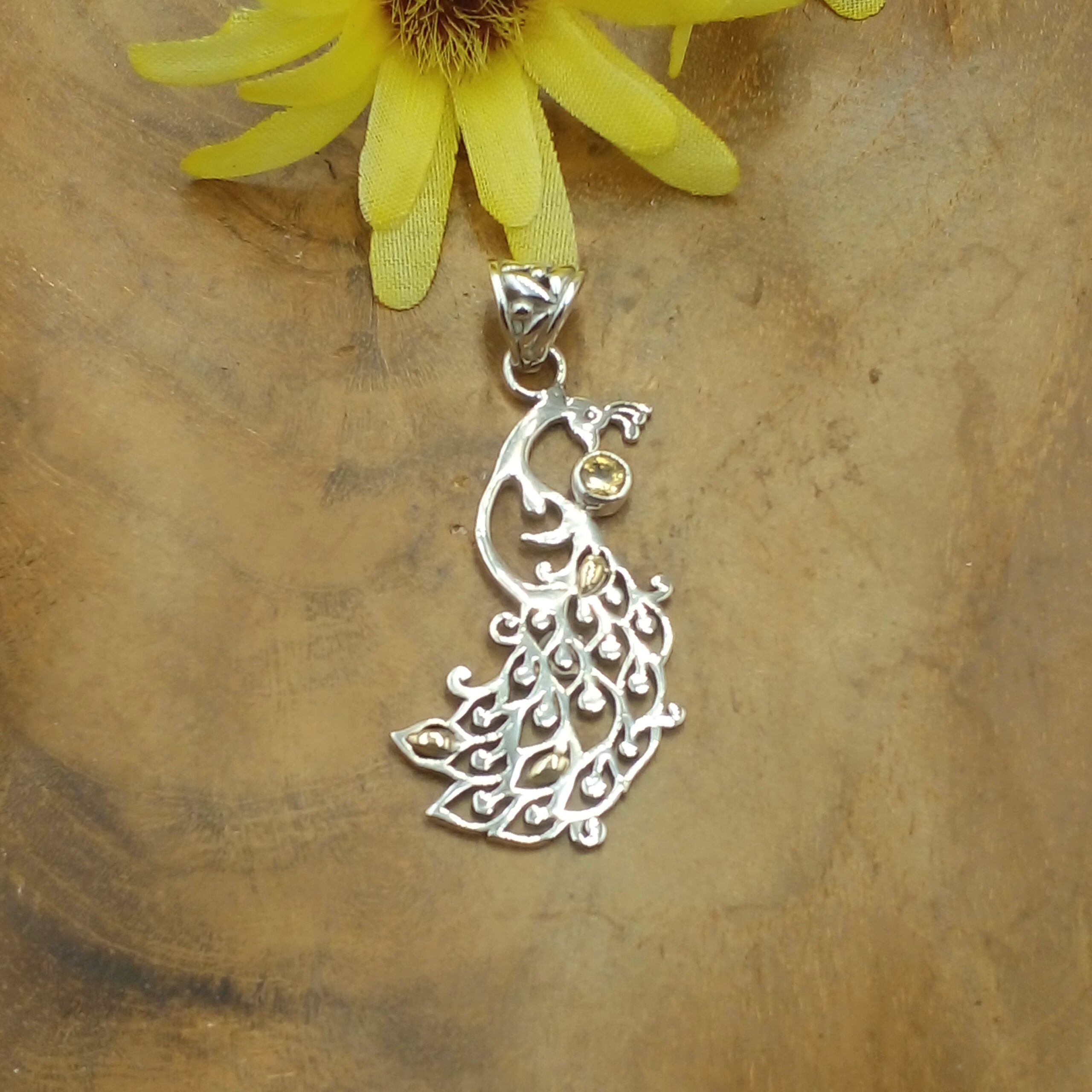 Carved Silver Peacock Pendant with Gemstone and Gold P881BTZW315